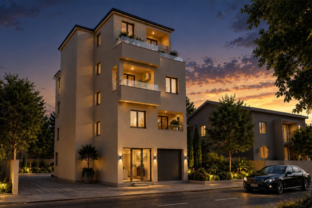 Camellia Residence Prodaja stanova Požarevac novogradnja Vujić Company prikaz zgrade noću